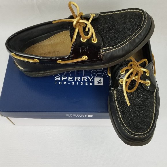 Sperry Shoes - Sperry Caviar Black Boat Shoe Gold Accent 8.5